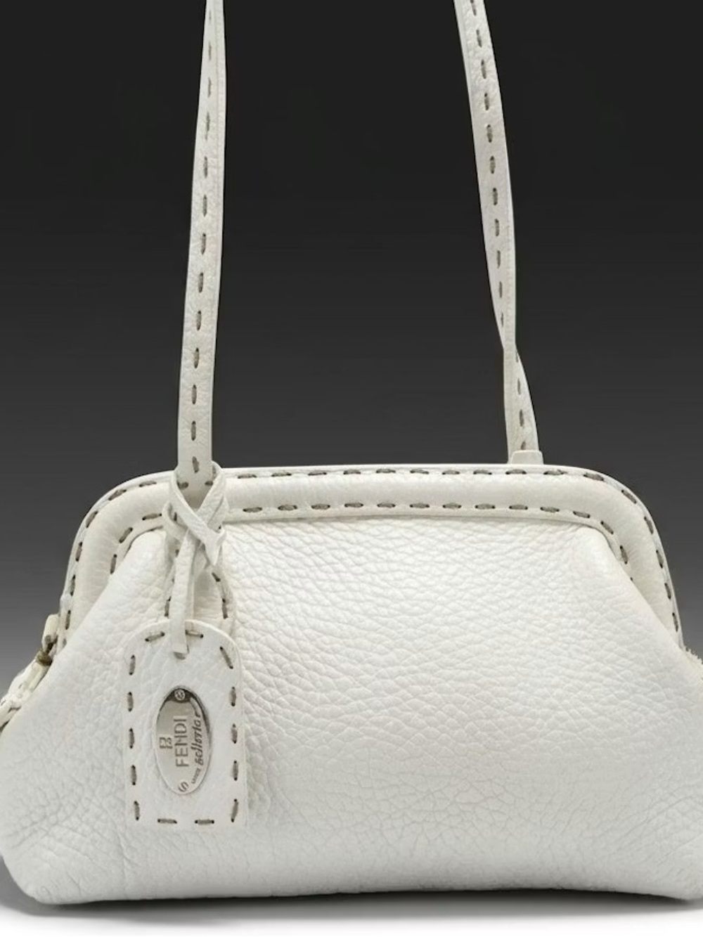 Fendi White Pebbled Leather Shoulder Bag with Stitch Trim